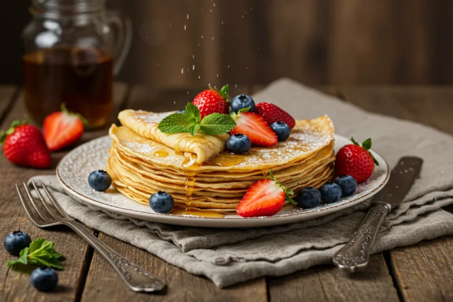 Crepes dourados dobrados em triângulos, polvilhados com açúcar de confeiteiro, decorados com morangos, mirtilos e folhas de hortelã, com calda brilhante, sobre mesa rústica com guardanapo de linho.