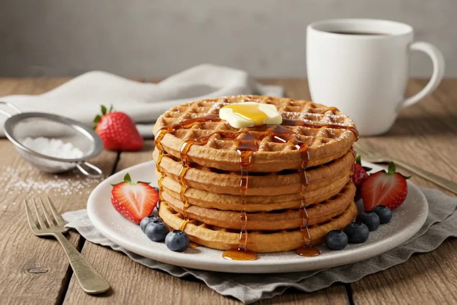 Waffles caseiros dourados empilhados, com manteiga derretida, calda de maple syrup e frutas frescas, servidos em prato branco sobre mesa rústica, com fundo aconchegante de cozinha.